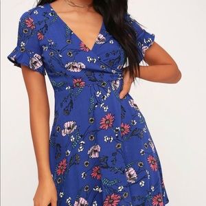 Lulus Blue Floral Print Skater Dress S